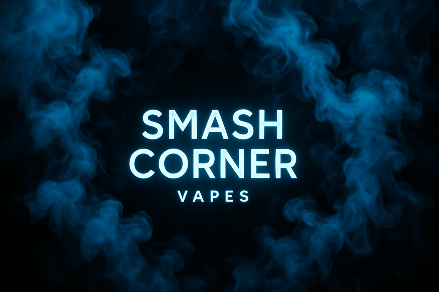 black background lots of blue smoke and a sign in the middle says Smash Corner - Vapes